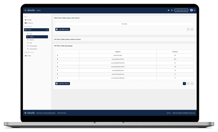 El sistema de control de acceso de Ubudu en un portátil, gestionando los derechos de acceso de una aplicación en una tabla de permisos por roles.