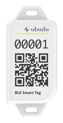Etiqueta de red BLE de Ubudu, tamaño grande, vista de frente: una etiqueta blanca alta con una ranura de montaje en cada extremo y un código QR