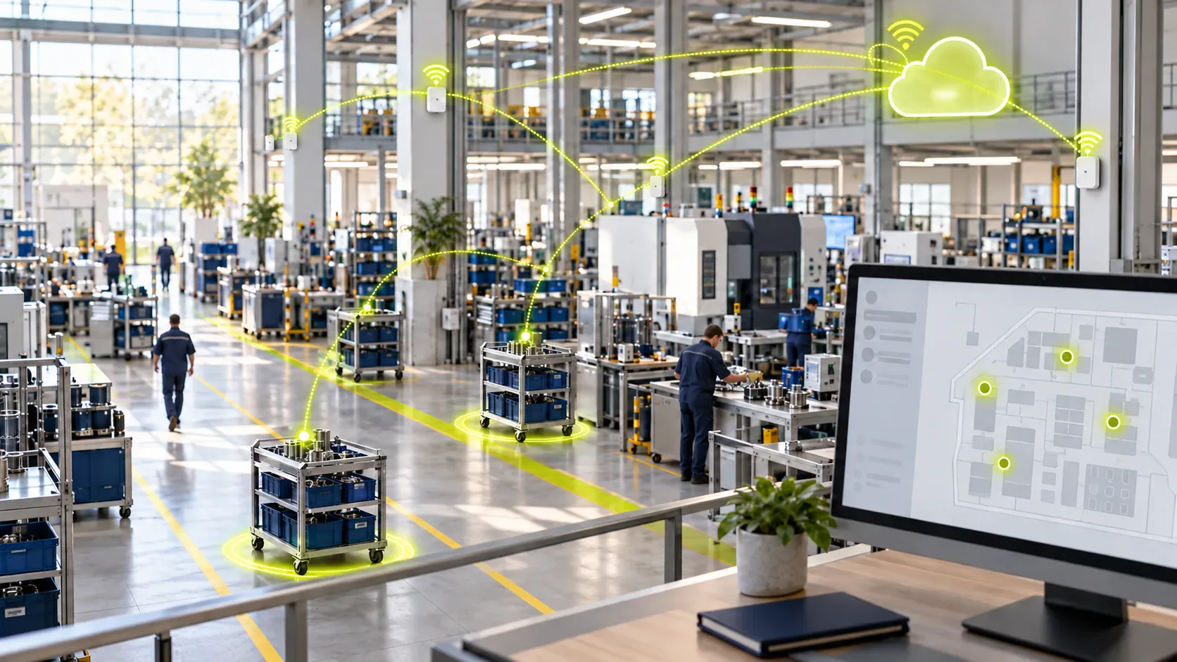 Uma fábrica a funcionar com o RTLS da Ubudu: carrinhos e máquinas com tag, seguidos em tempo real numa planta apresentada num monitor, com ligação à cloud.