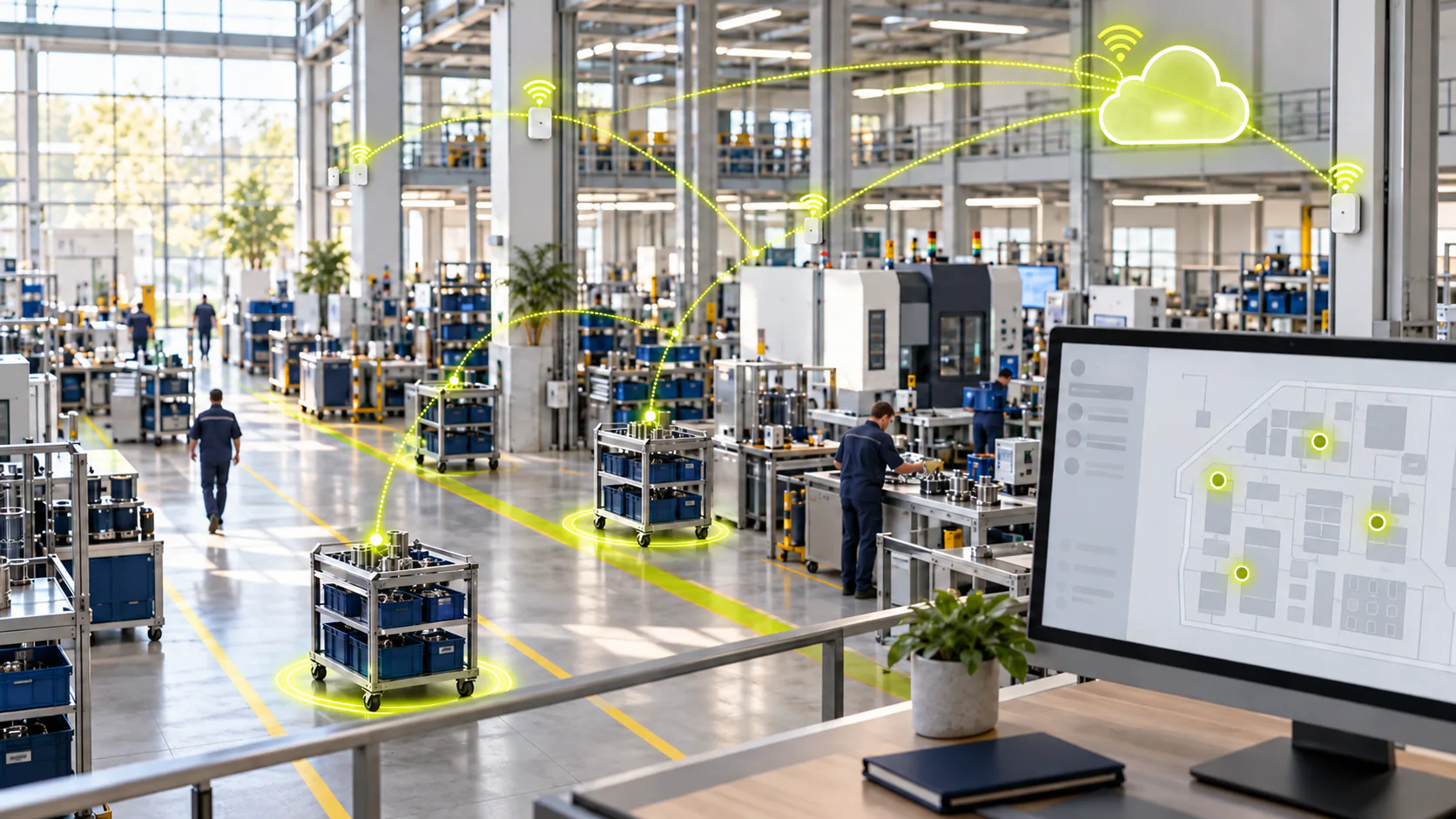 Uma fábrica a funcionar com o RTLS da Ubudu: carrinhos e máquinas com tag, seguidos em tempo real numa planta apresentada num monitor, com ligação à cloud.
