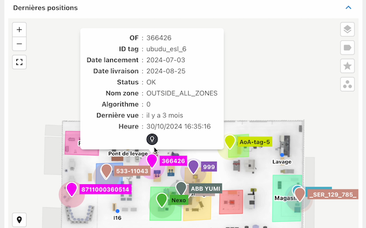 O software Ubudu RTLS a mostrar activos localizados numa planta, com a lista de activos usada para comandar as etiquetas electrónicas de prateleira