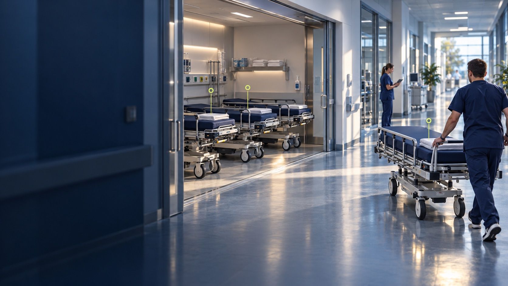 Um corredor de hospital com equipamento médico