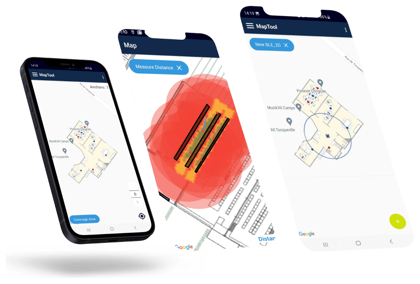 La aplicación Android Ubudu Map Tool en tres teléfonos: el plano de un sitio, anclas colocadas en el mapa y la cobertura de radio calculada.