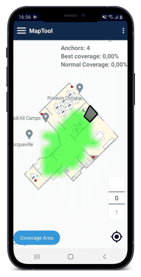 Ubudu Map Tool en un teléfono: la cobertura de radio calculada de las anclas colocadas, como mapa de calor verde sobre el plano de un sitio.
