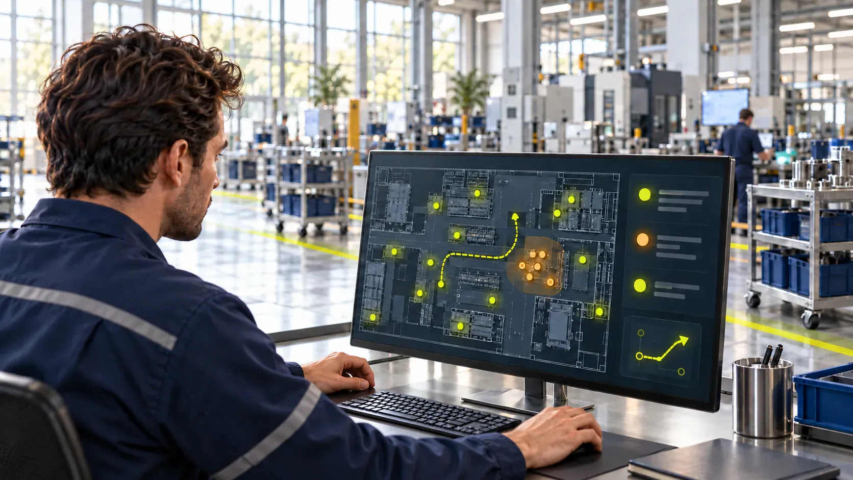 Um operador a analisar o painel Ubudu Spatial AI, onde os agentes destacam ativos e fluxos numa planta da fábrica em tempo real.