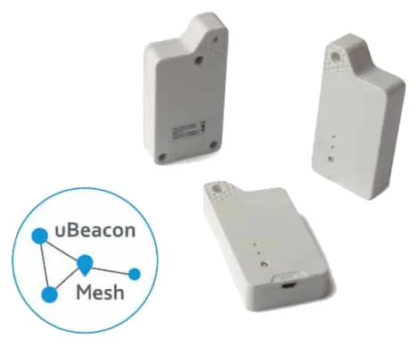 Dispositivos de baliza mesh Ubudu junto a um diagrama da rede uBeacon Mesh