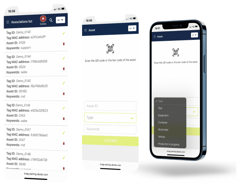 La aplicación web Ubudu Pairing Tool: la lista de asociaciones etiqueta-activo junto a dos teléfonos que escanean el código QR de un activo y lo clasifican.