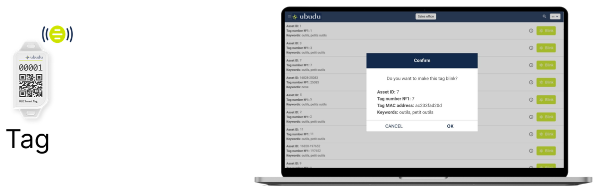 El software ubudu BLE Controller (una lista de activos con un botón Parpadear en cada etiqueta y un cuadro de confirmación que dice «¿Quiere que esta etiqueta parpadee?») junto a una etiqueta inteligente BLE con su LED parpadeando