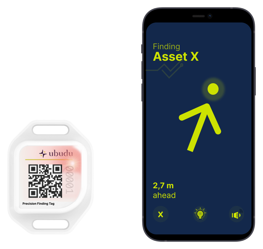 Il Precision Finding Tag Ubudu accanto all'app mobile, che mostra una freccia AR di percorso e «2,7 m avanti» verso un bene
