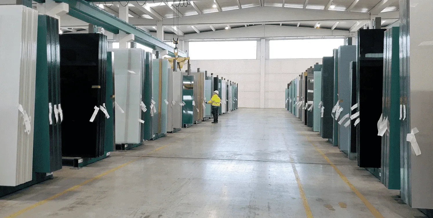Operaio che cammina tra file di macchine industriali in un reparto di produzione
