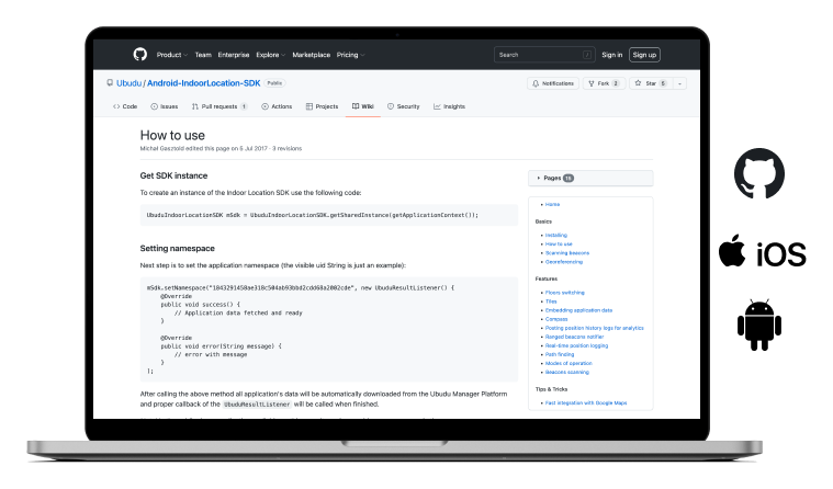 La documentación del SDK de localización en interiores de Ubudu para Android abierta en un portátil, junto a los logotipos de iOS y Android