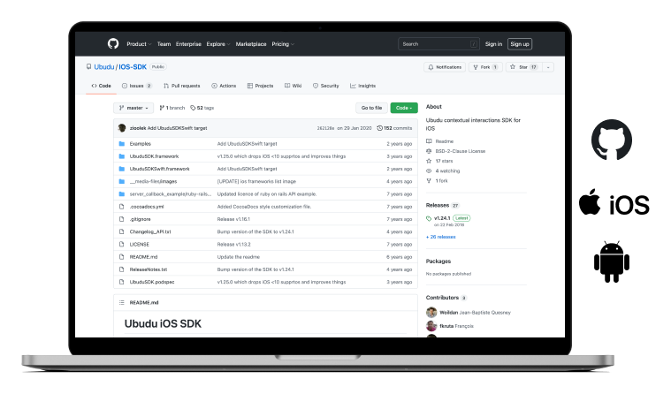 El repositorio del SDK de iOS de Ubudu abierto en un portátil, junto a los logotipos de iOS y Android