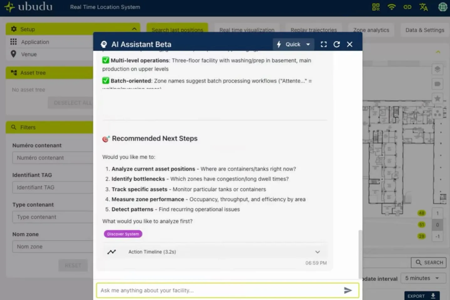 O assistente Ubudu Spatial AI a responder a uma pergunta em linguagem simples sobre o piso em tempo real