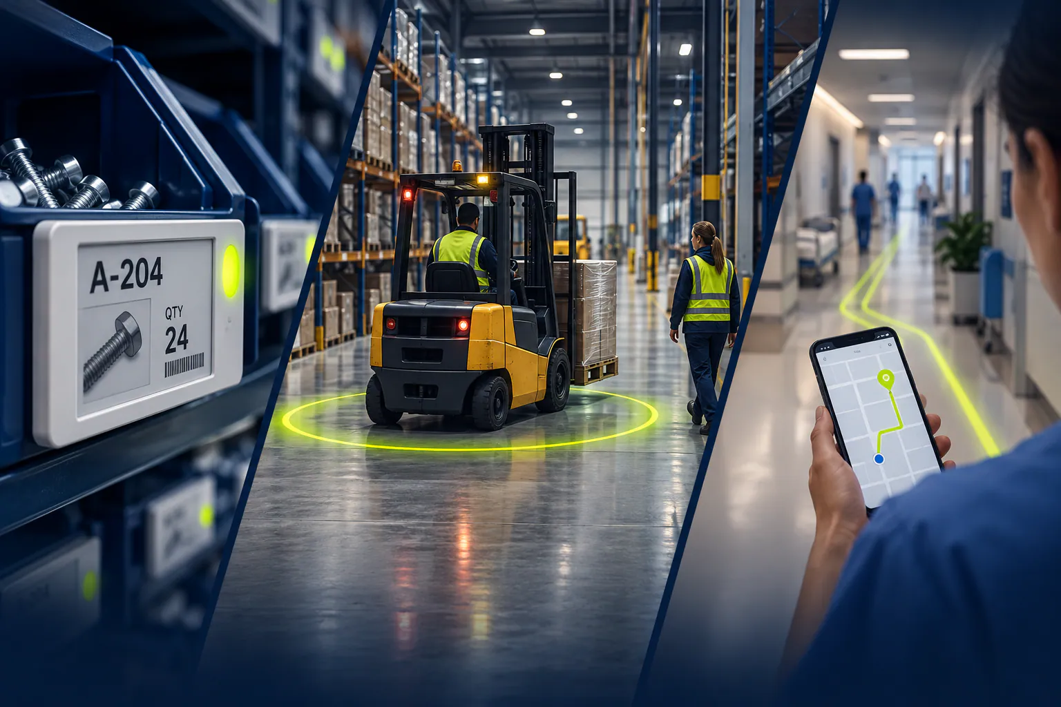 RTLS híbrido da Ubudu em várias aplicações: etiquetas electrónicas, zona de segurança para empilhadores, wayfinding interior e Precision Finding
