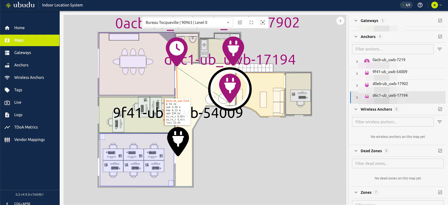 Die Ubudu Location Engine wandelt UWB- und BLE-Signale in Live-Positionen auf einem Grundriss um, gezeigt auf dem Plan des eigenen Ubudu-Büros Bureau Tocqueville