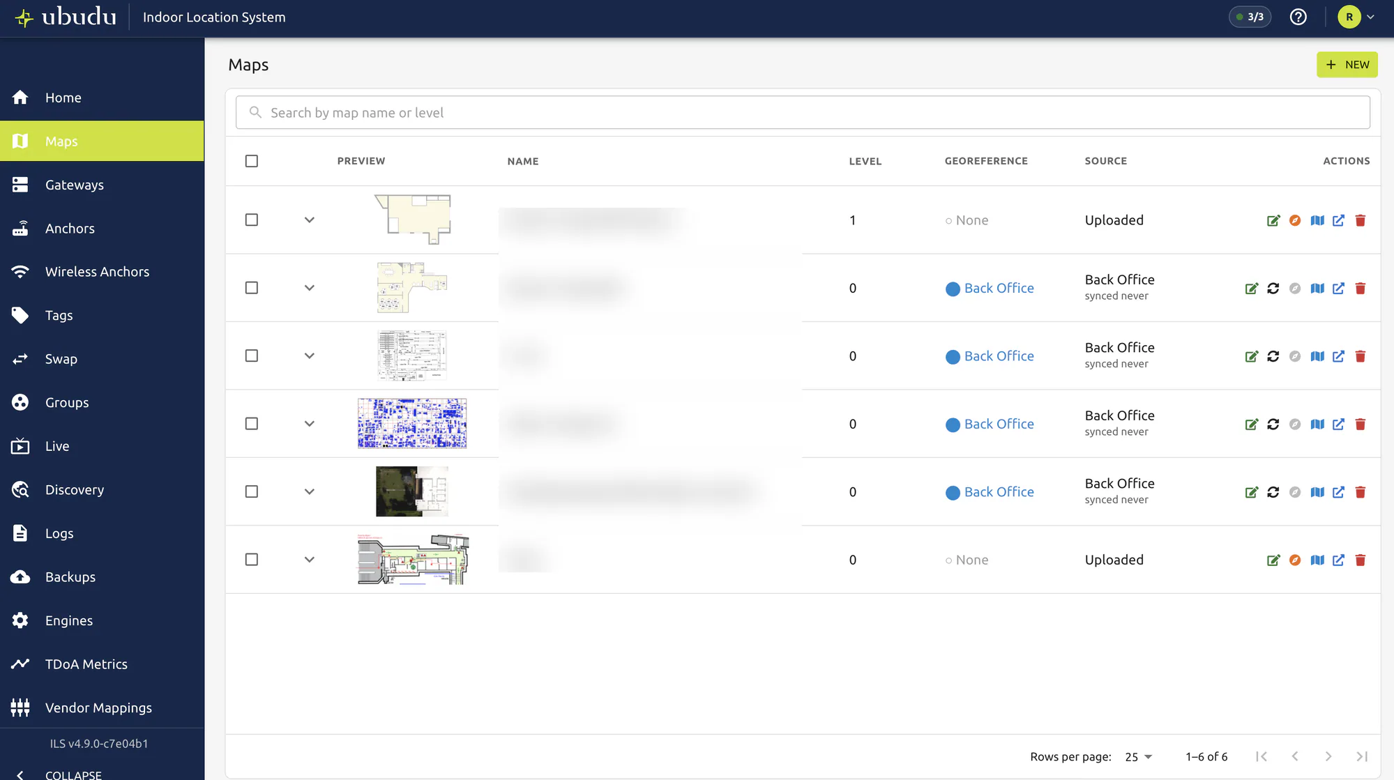 Der Ubudu Map Manager: Grundrisse und Ebenen eines Standorts mit Georeferenz und Quelle, bereit zum Modellieren von Zonen und Platzieren von Beacons