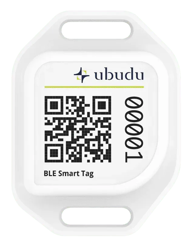 Ubudu BLE Smart Tag con codice QR, fissato alle attrezzature mediche per il tracciamento indoor