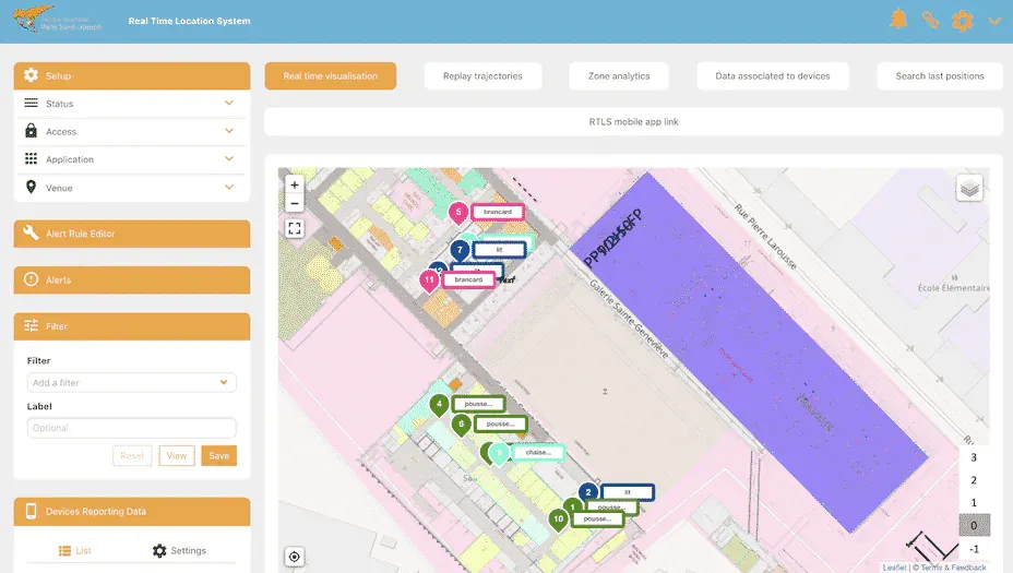 Applicazione web Ubudu RTLS che localizza in tempo reale letti d’ospedale, barelle e sedie su una planimetria