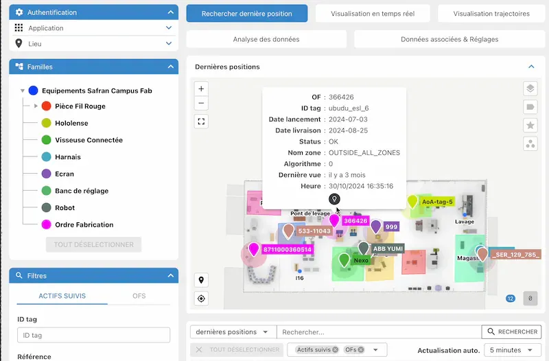 Aplicación web de Ubudu RTLS que sigue equipos de fabricación y órdenes de trabajo sobre el plano de una fábrica