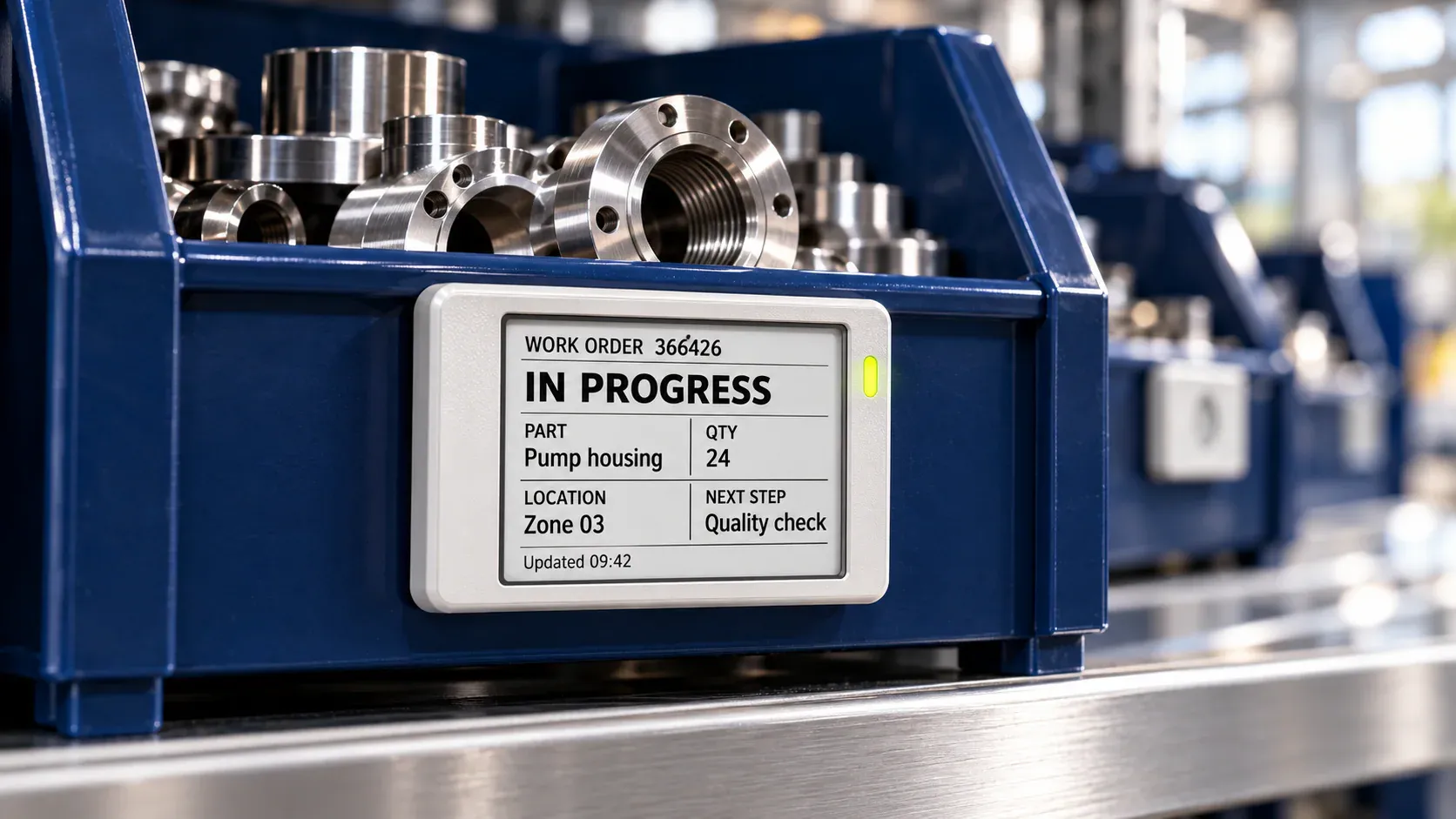 Un contenedor industrial azul de piezas mecanizadas en una línea de producción, con una etiqueta de estantería de tinta electrónica de Ubudu que muestra la orden de trabajo 366426, “En curso”, pieza “Carcasa de la bomba”, zona 03, siguiente paso: control de calidad.
