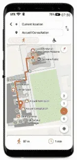 Aplicação de wayfinding da Ubudu a guiar um visitante pelo hospital até ao balcão de consultas