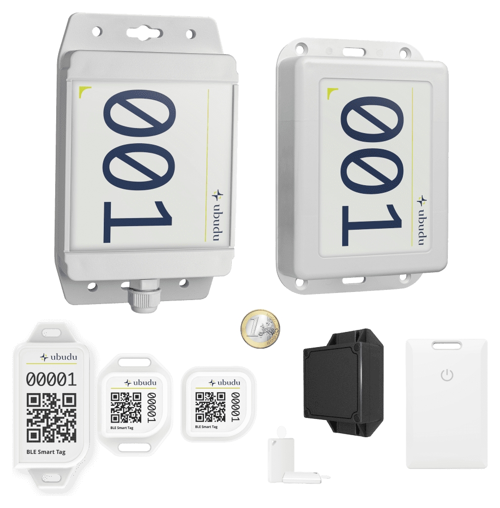 Ubudu hybrid RTLS hardware: anchors, BLE and UWB tags, a coin cell and a badge tag