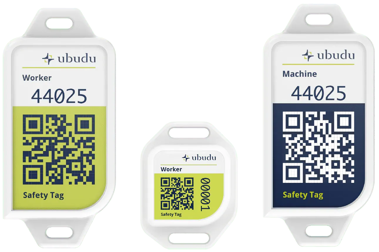Etiquetas do Ubudu Safety Zone: etiquetas de trabalhador verdes e uma etiqueta de máquina azul-escura