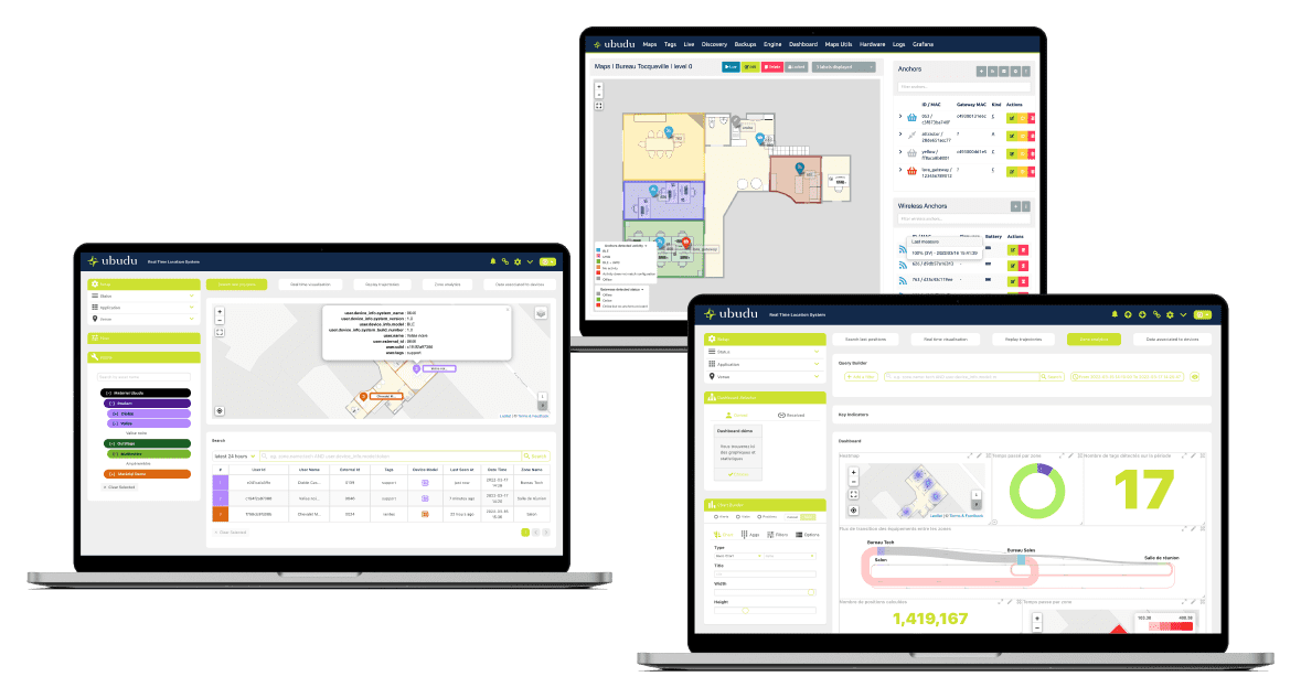 Ubudu hybrid RTLS software on three laptops: the live map, the anchors configuration and the analytics dashboard