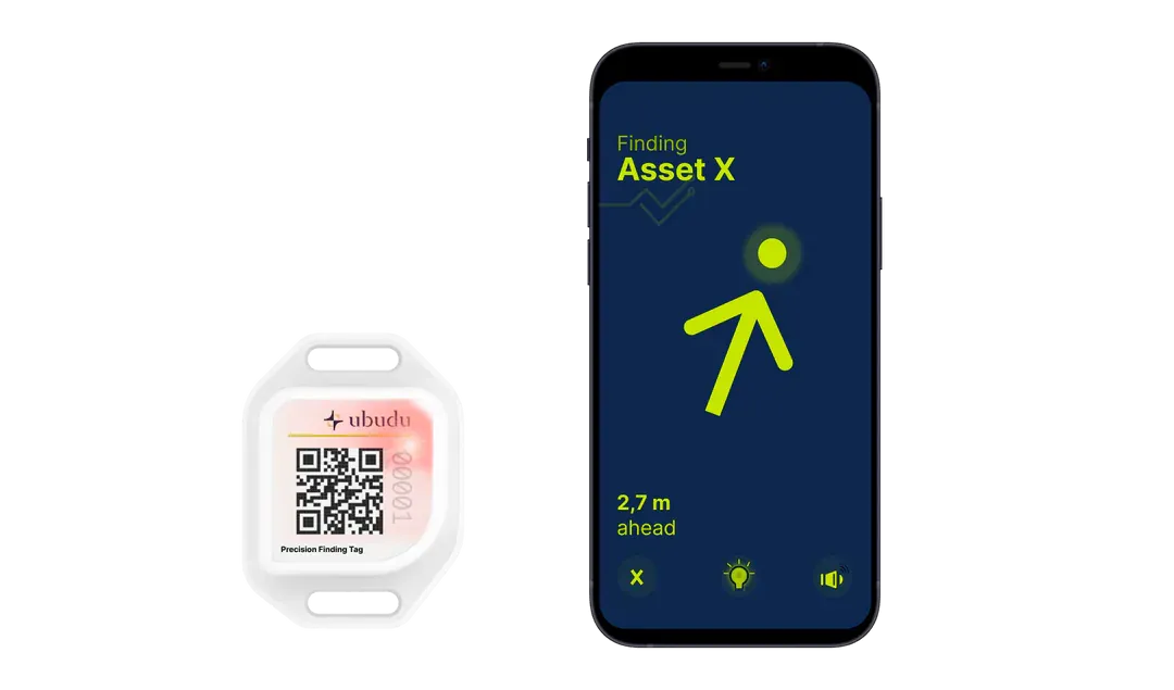 Ubudu Precision Finding Tag e aplicação para smartphone a guiar o utilizador até ao “Asset X”, 2,7 m à frente