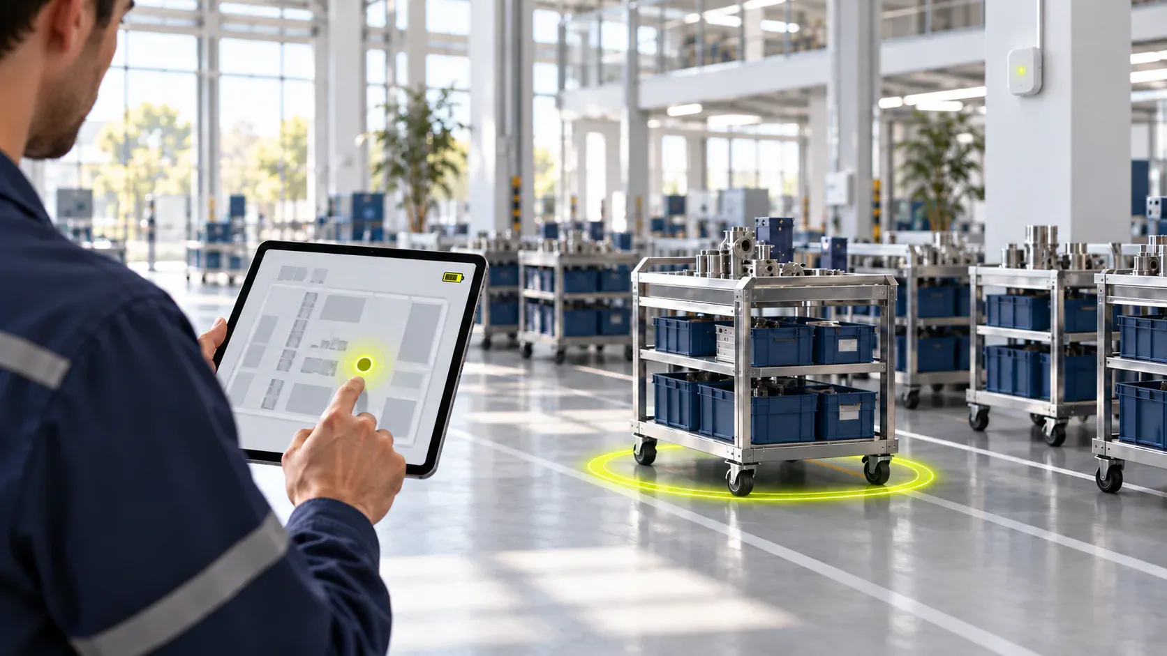 A worker using a tablet in a warehouse where Ubudu UWB locates carts on demand, each marked by a ring on the floor.