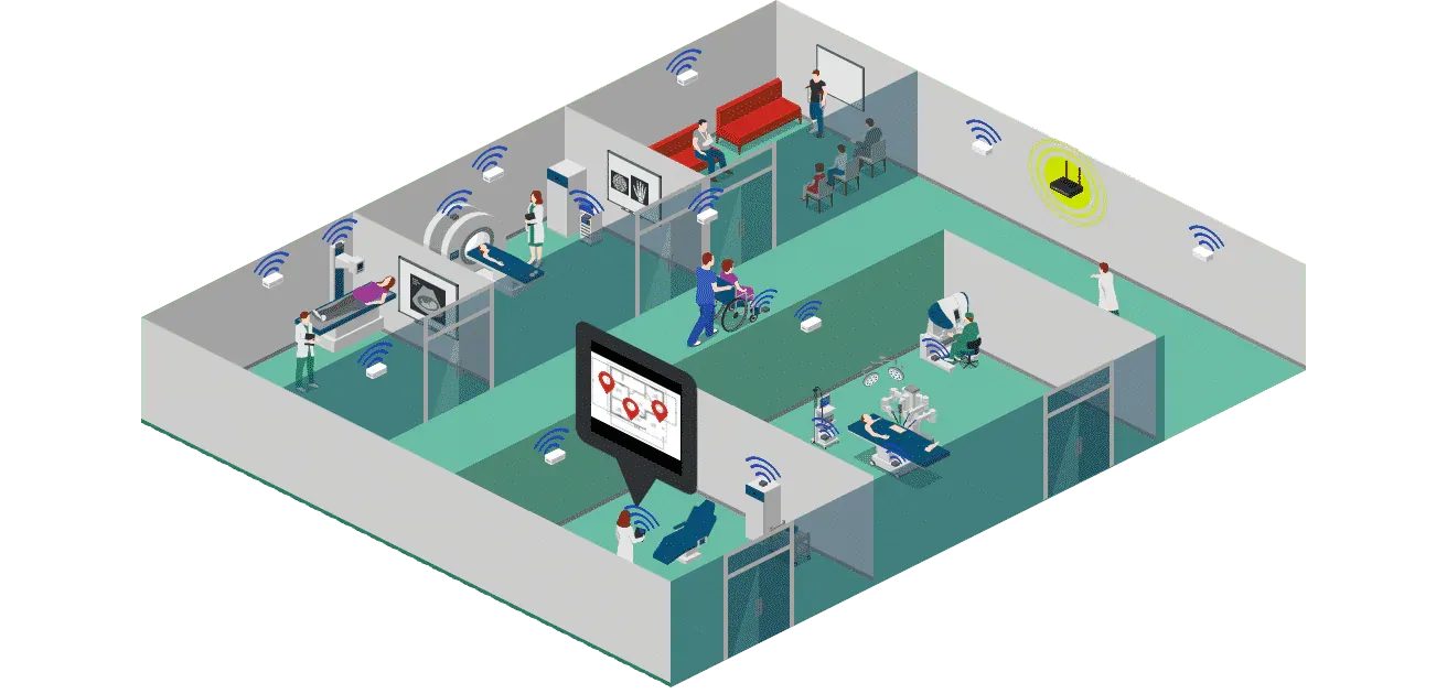 Vista isométrica de um piso de hospital com equipamentos médicos localizados em tempo real e apresentados num ecrã