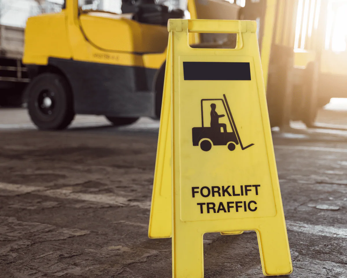 Un cartello giallo di sicurezza a pavimento con la scritta «Traffico carrelli elevatori» in un magazzino, con un carrello in movimento sullo sfondo